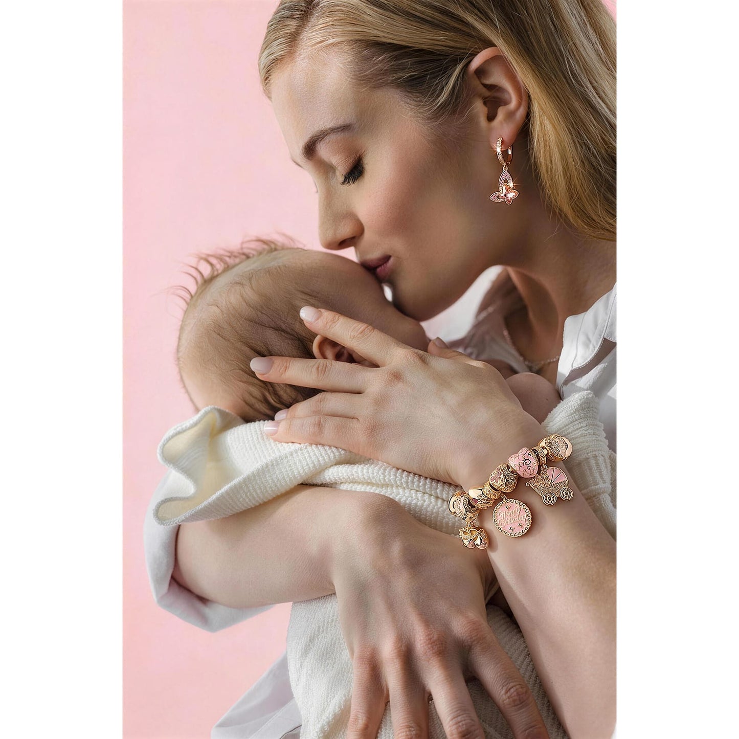 Sterling Silver Timeless Love for Mom Charm Bracelet Set in Pink Gold Plated (Includes Bracelet and All Charms Shown)