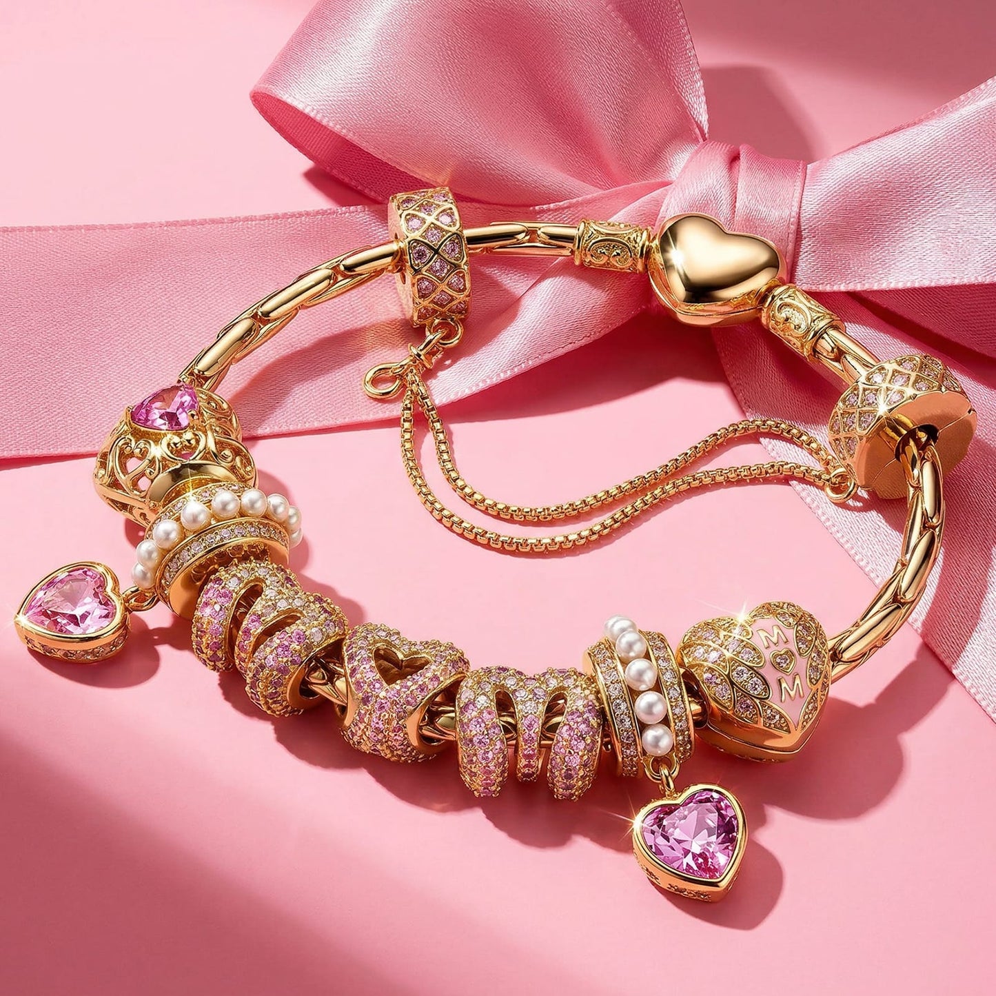 Cherished Maternal Heart Tarnish-Resistant Silver Charms Bracelet Set In 14K Gold Plated (Includes bracelet and all charms shown)