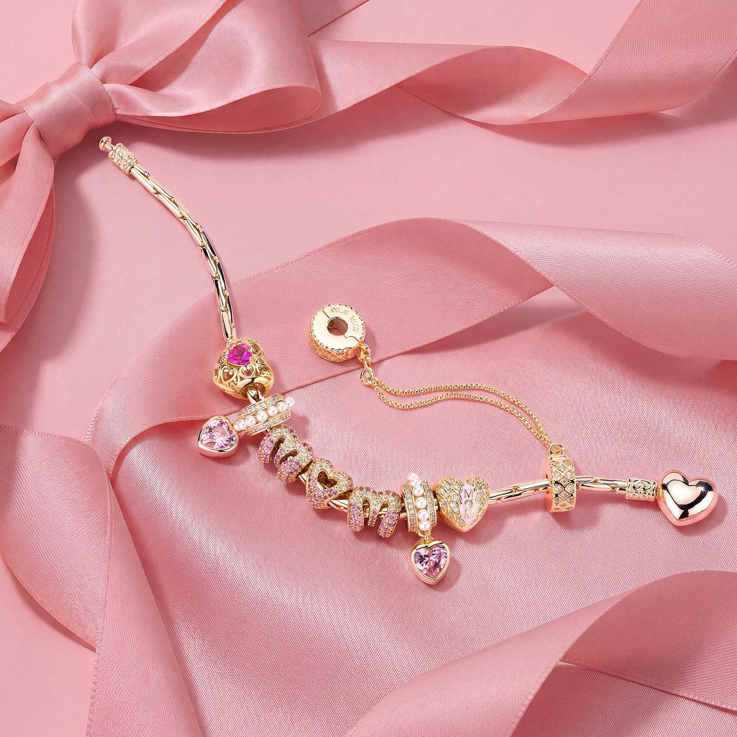 Sterling Silver Cherished Mom Heart Charms Bracelet Set In 14K Gold Plated (Includes bracelet and all charms shown)