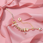 Sterling Silver Cherished Mom Heart Charms Bracelet Set In 14K Gold Plated (Includes bracelet and all charms shown)