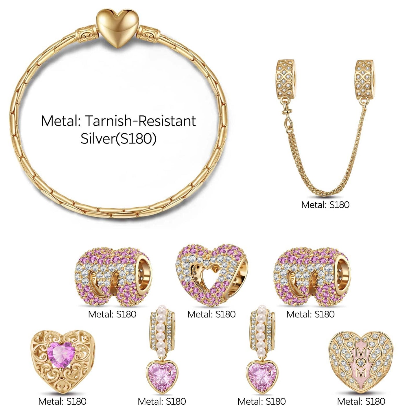 Cherished Maternal Heart Tarnish-Resistant Silver Charms Bracelet Set In 14K Gold Plated (Includes bracelet and all charms shown)