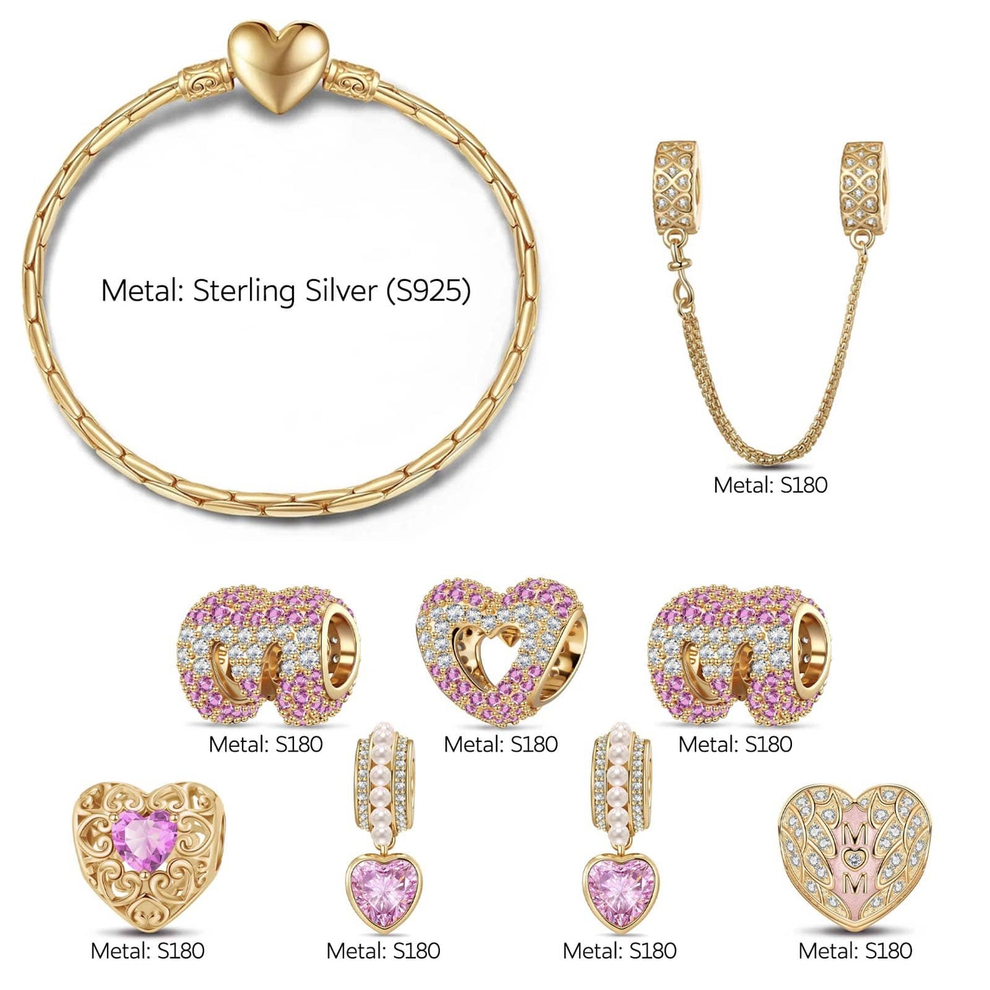 Sterling Silver Cherished Mom Heart Charms Bracelet Set In 14K Gold Plated (Includes bracelet and all charms shown)
