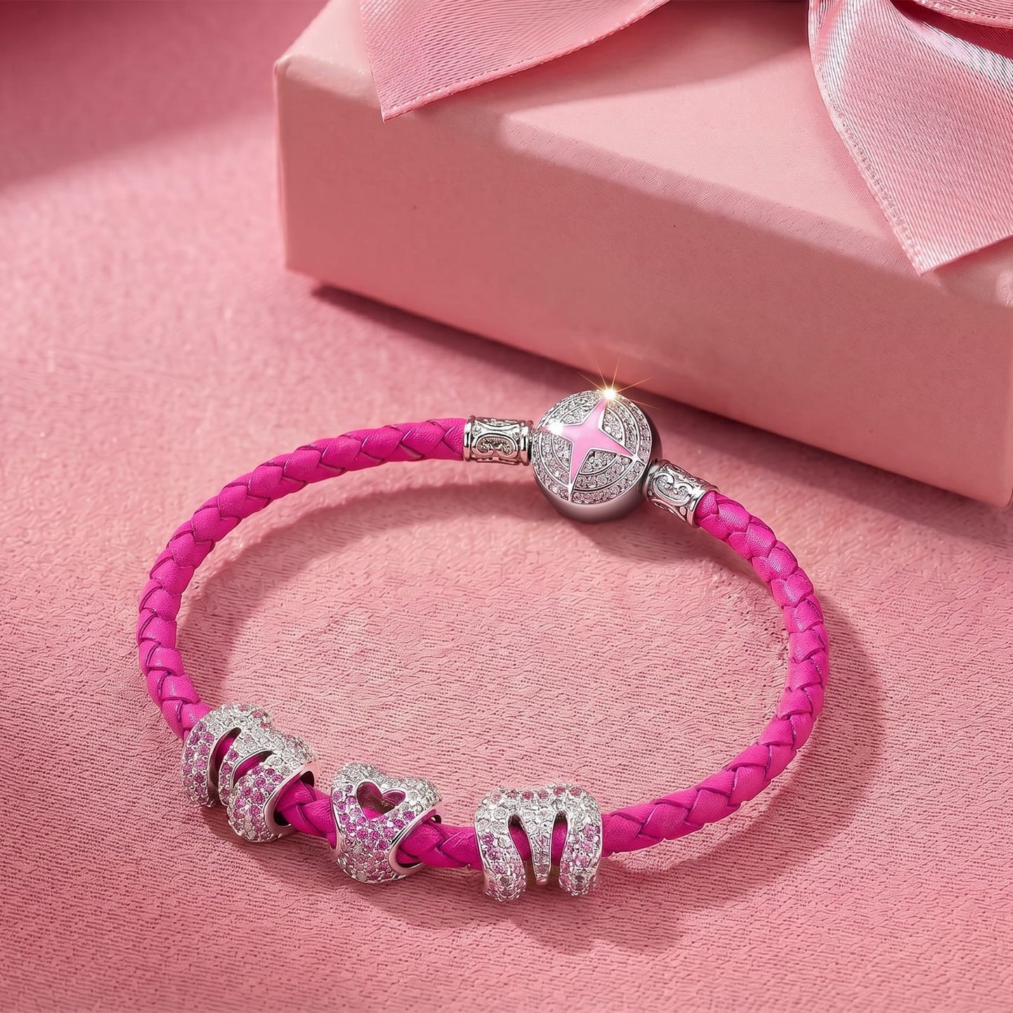 Maternal Love Star Pink Braided Leather Bracelet With Tarnish-resistant Silver Accents