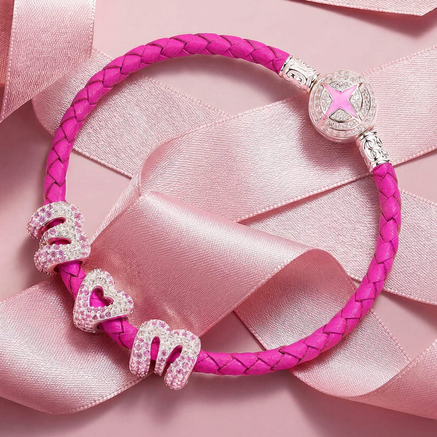 Maternal Love Star Pink Braided Leather Bracelet With Tarnish-resistant Silver Accents