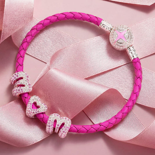 gona- Maternal Love Star Pink Braided Leather Bracelet With Tarnish-resistant Silver Accents