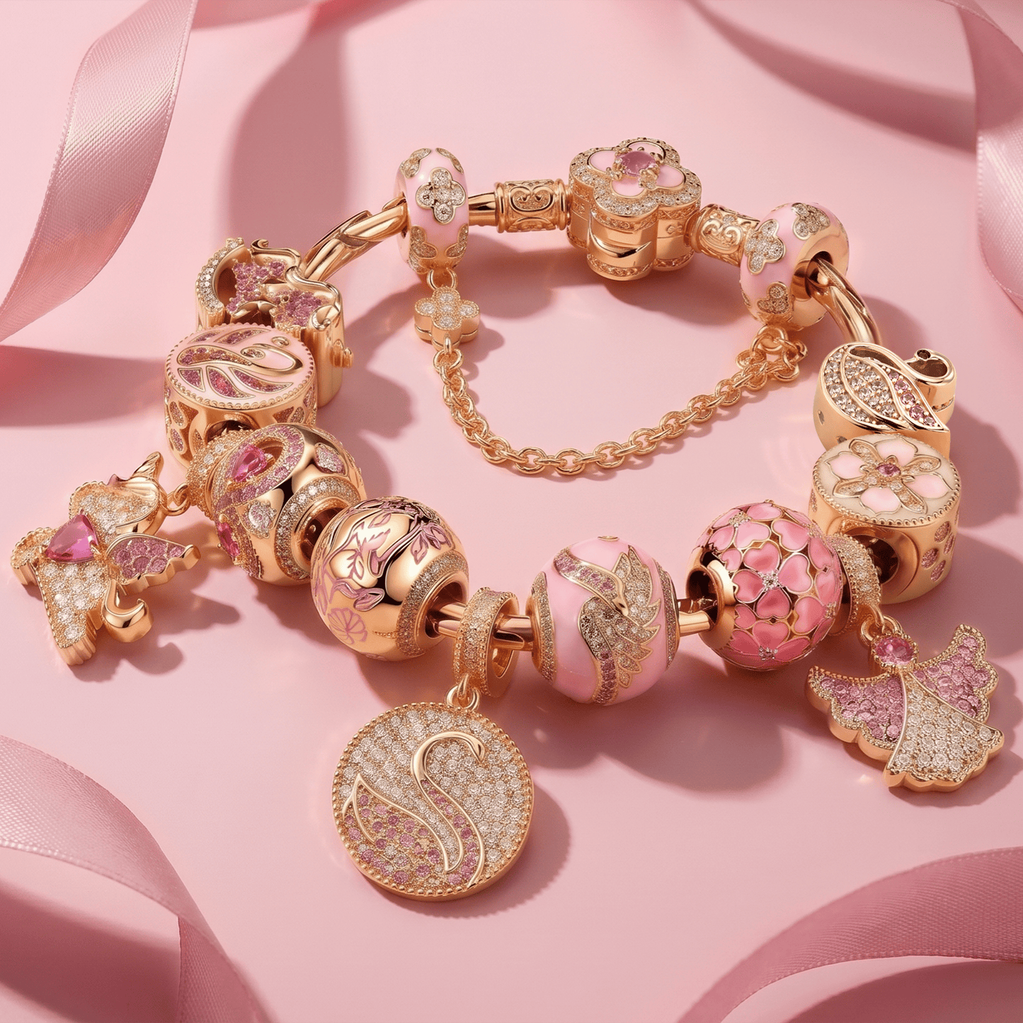 Sterling Silver Eternal Swan Love Charms Bracelet Set In 14K Gold Plated (Includes bracelet and all charms shown)