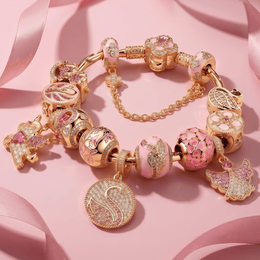 gona- Sterling Silver Eternal Swan Love Charms Bracelet Set In 14K Gold Plated (Includes bracelet and all charms shown)