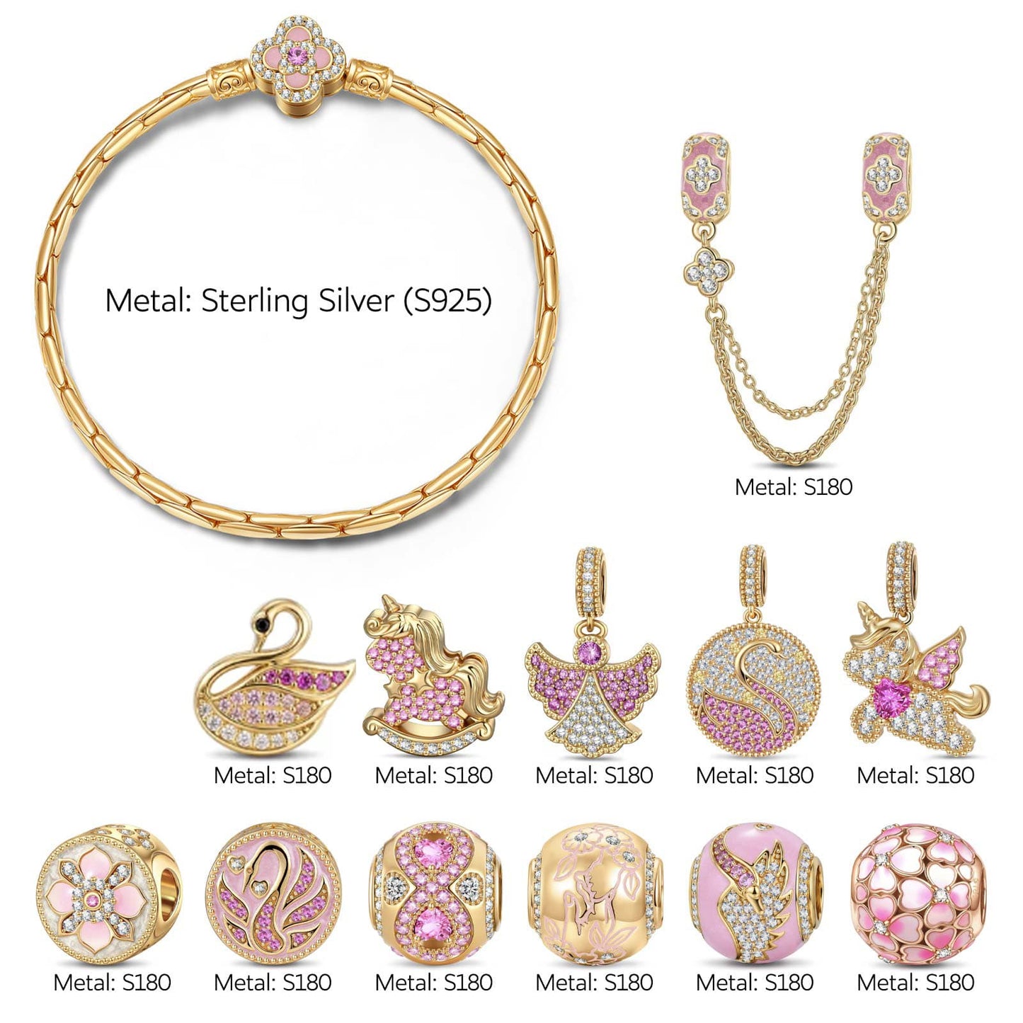 Sterling Silver Eternal Swan Love Charms Bracelet Set In 14K Gold Plated (Includes bracelet and all charms shown)