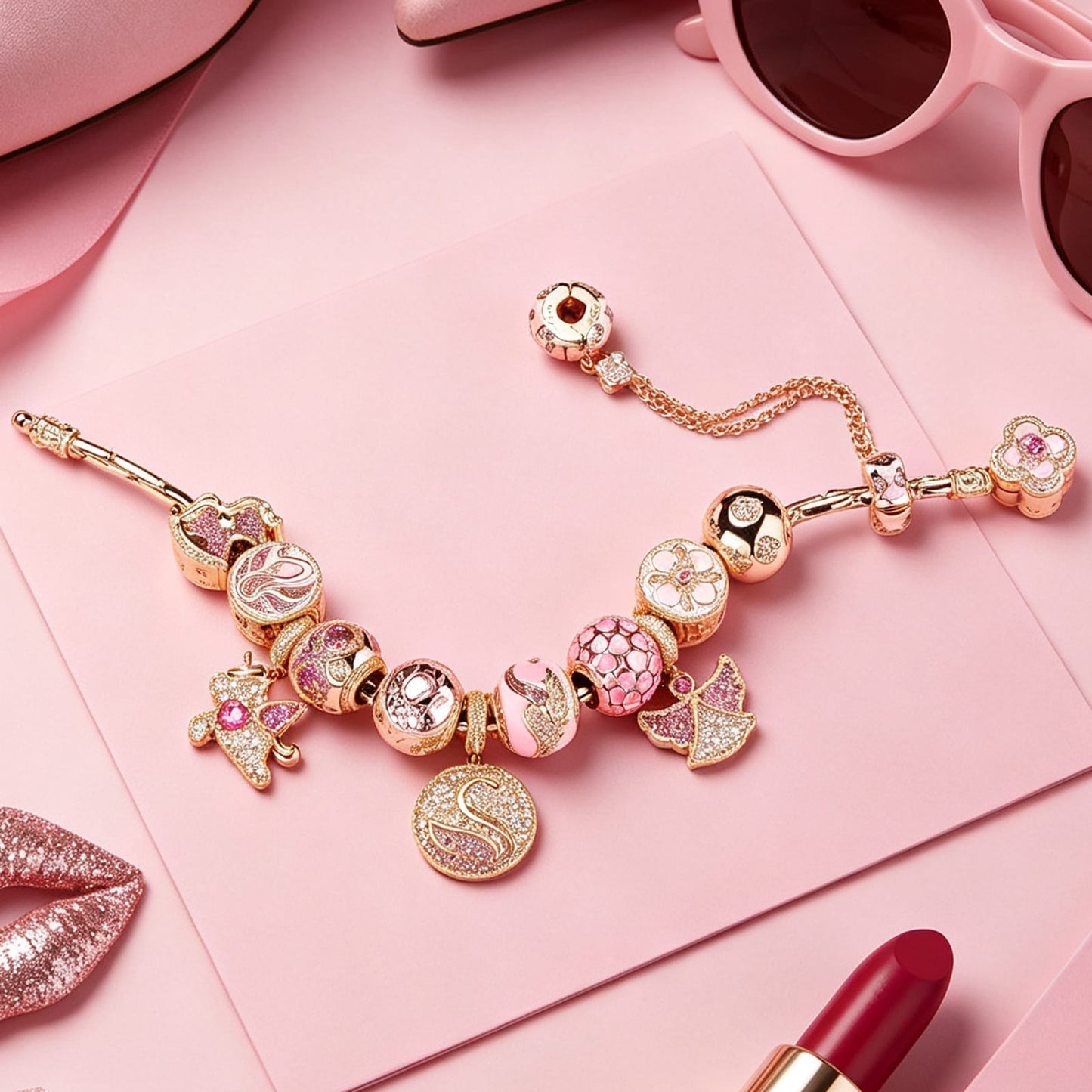 Sterling Silver Eternal Swan Love Charms Bracelet Set In 14K Gold Plated (Includes bracelet and all charms shown)