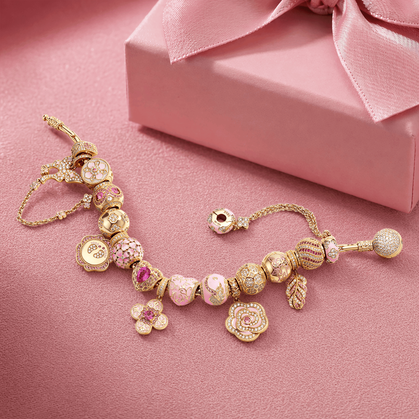 BloomLove Sterling Silver Charm Bracelet – Rose Gold-Plated Pink Floral & Heart Charms with Safety Chain (Includes Bracelet with All Charms Shown)