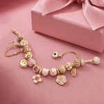 BloomLove Sterling Silver Charm Bracelet – Rose Gold-Plated Pink Floral & Heart Charms with Safety Chain (Includes Bracelet with All Charms Shown)