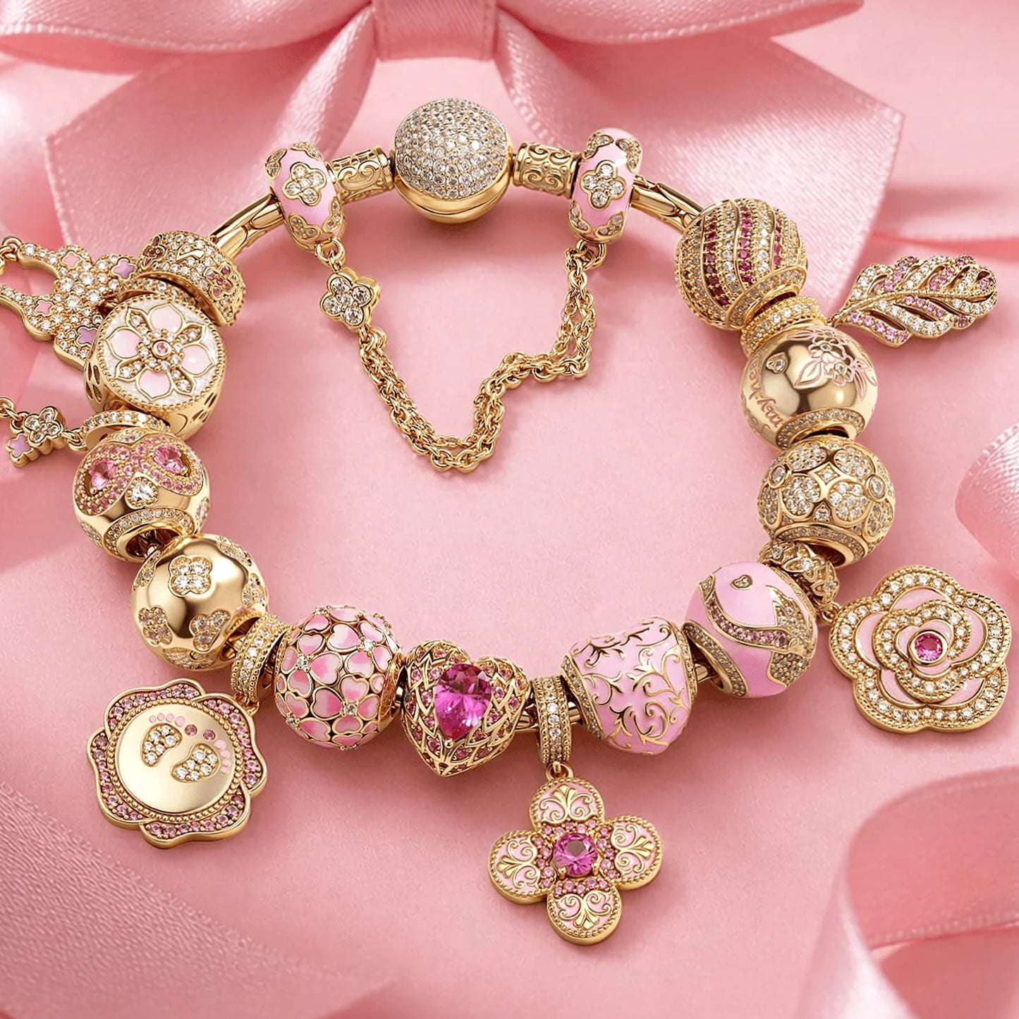 BloomLove Sterling Silver Charm Bracelet – Rose Gold-Plated Pink Floral & Heart Charms with Safety Chain (Includes Bracelet with All Charms Shown)