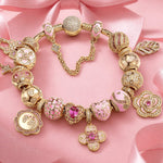 BloomLove Sterling Silver Charm Bracelet – Rose Gold-Plated Pink Floral & Heart Charms with Safety Chain (Includes Bracelet with All Charms Shown)