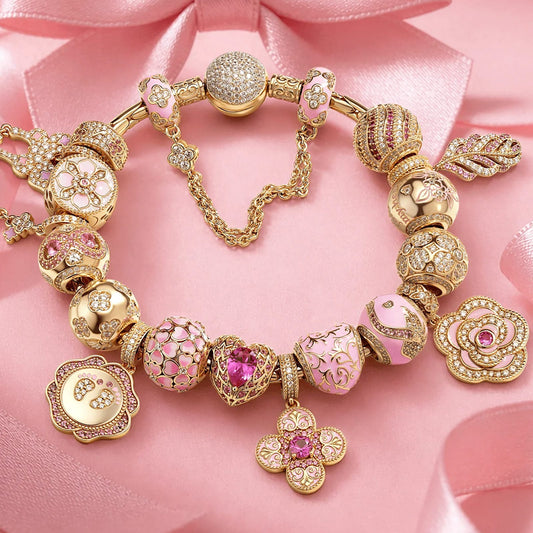 gona- BloomLove Sterling Silver Charm Bracelet – Rose Gold-Plated Pink Floral & Heart Charms with Safety Chain (Includes Bracelet with All Charms Shown)