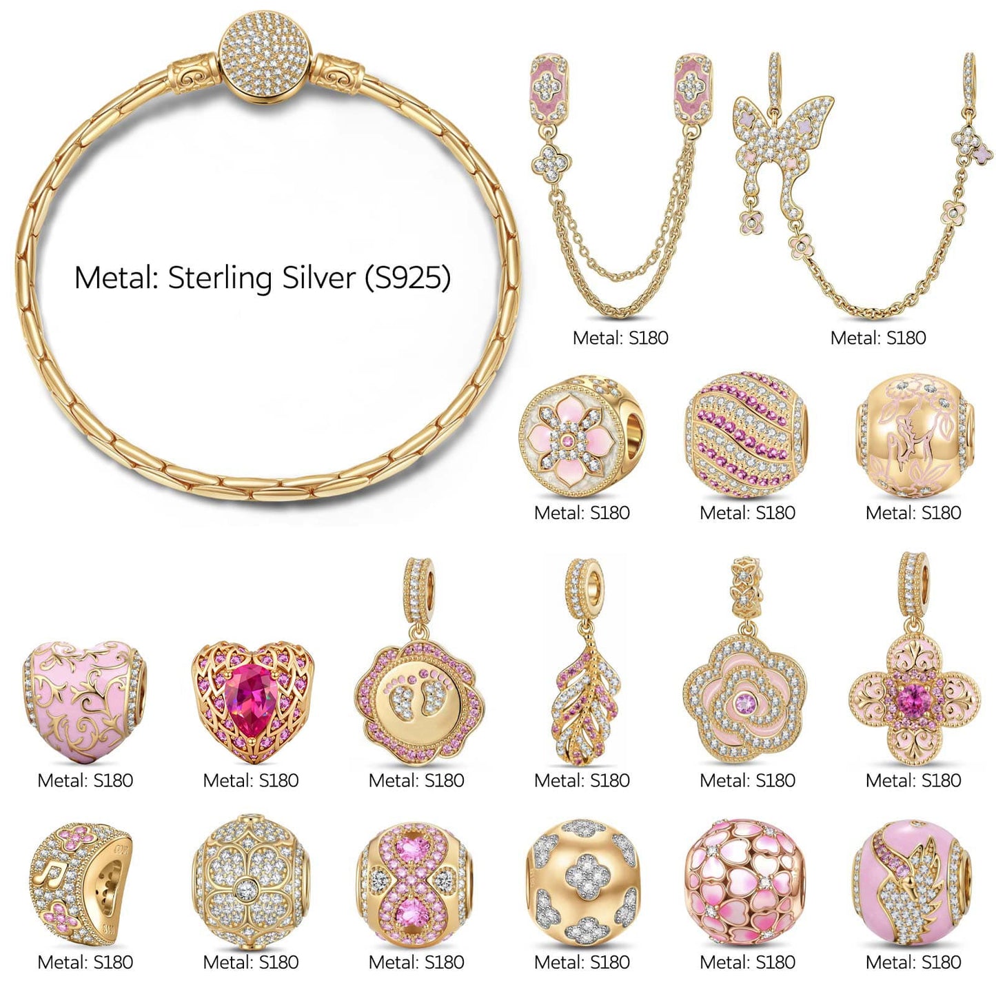 BloomLove Sterling Silver Charm Bracelet – Rose Gold-Plated Pink Floral & Heart Charms with Safety Chain (Includes Bracelet with All Charms Shown)