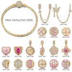 BloomLove Sterling Silver Charm Bracelet – Rose Gold-Plated Pink Floral & Heart Charms with Safety Chain (Includes Bracelet with All Charms Shown)