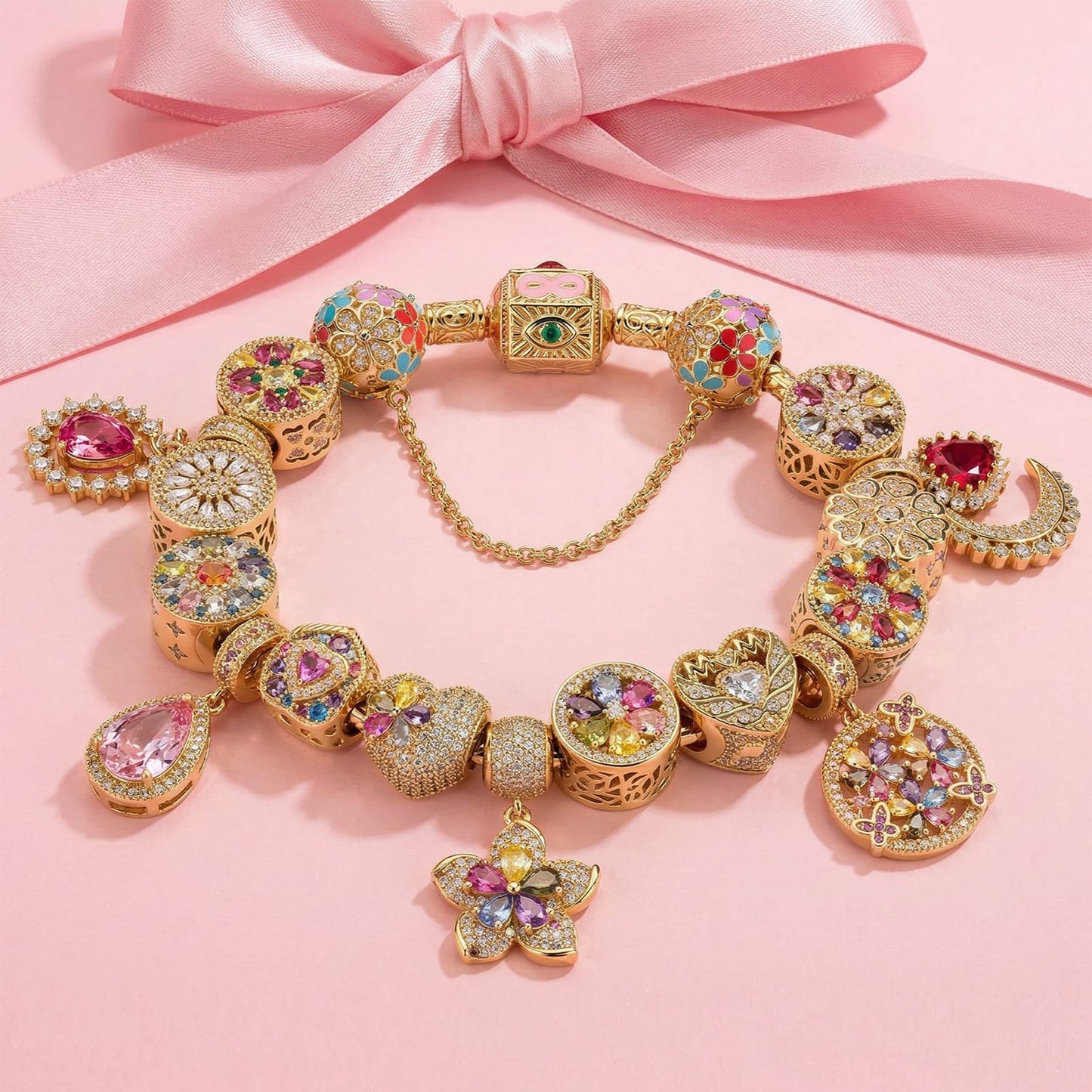 Sterling Silver Floral Fantasy Charms Bracelet Set In 14K Gold Plated (Includes bracelet and all charms shown)