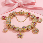 Sterling Silver Floral Fantasy Charms Bracelet Set In 14K Gold Plated (Includes bracelet and all charms shown)