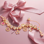 Sterling Silver Floral Fantasy Charms Bracelet Set In 14K Gold Plated (Includes bracelet and all charms shown)