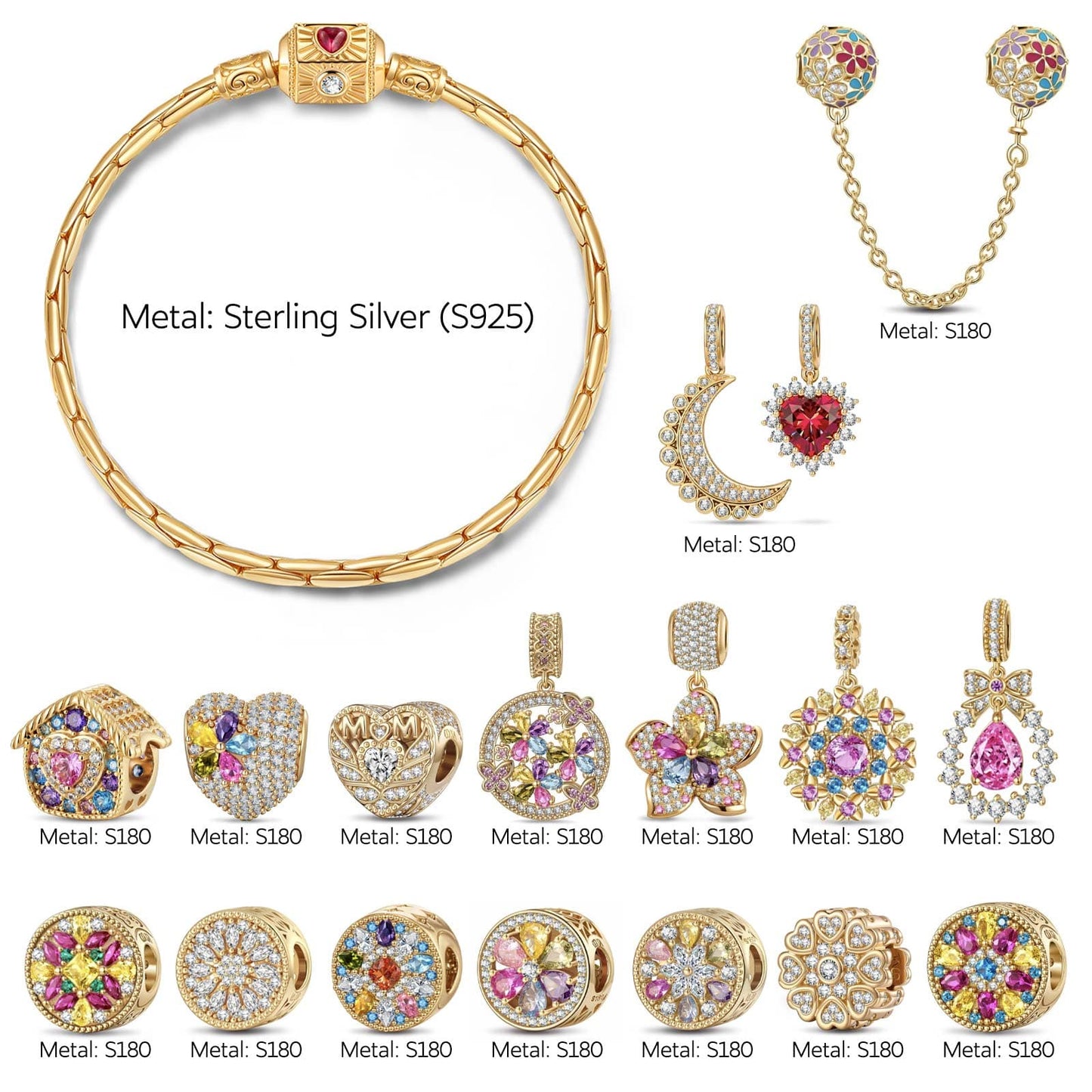 Sterling Silver Floral Fantasy Charms Bracelet Set In 14K Gold Plated (Includes bracelet and all charms shown)