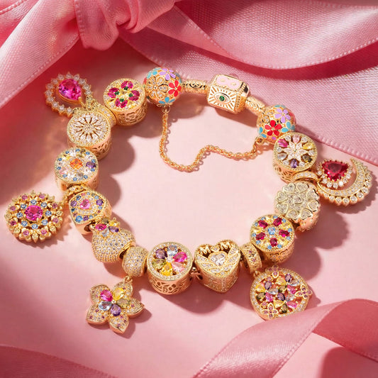 gona- Sterling Silver Floral Fantasy Charms Bracelet Set In 14K Gold Plated (Includes bracelet and all charms shown)