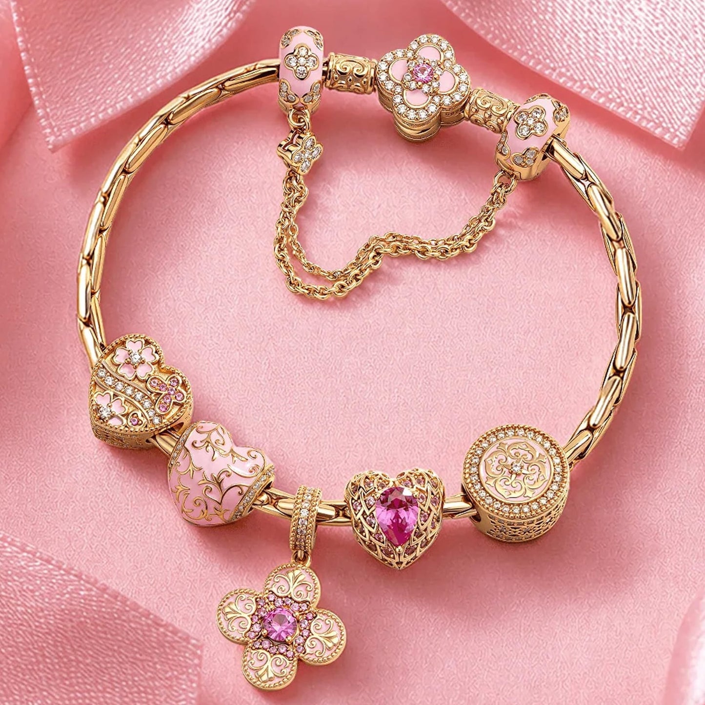 Sterling Silver BlossomMom Charm Bracelet – Rose Gold-Plated Heart & Floral Design (Includes Bracelet with All Charms)