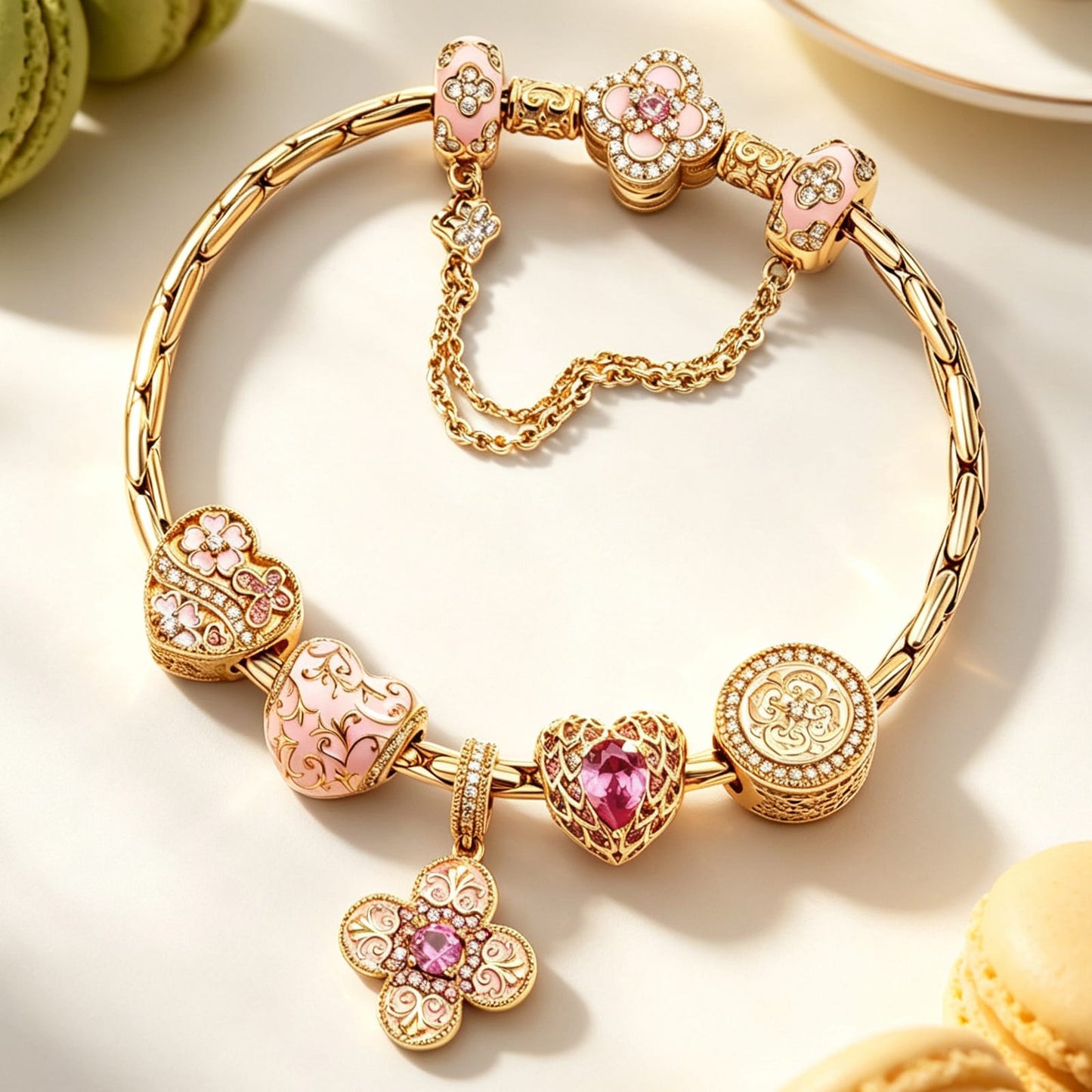 Sterling Silver BlossomMom Charm Bracelet – Rose Gold-Plated Heart & Floral Design (Includes Bracelet with All Charms)