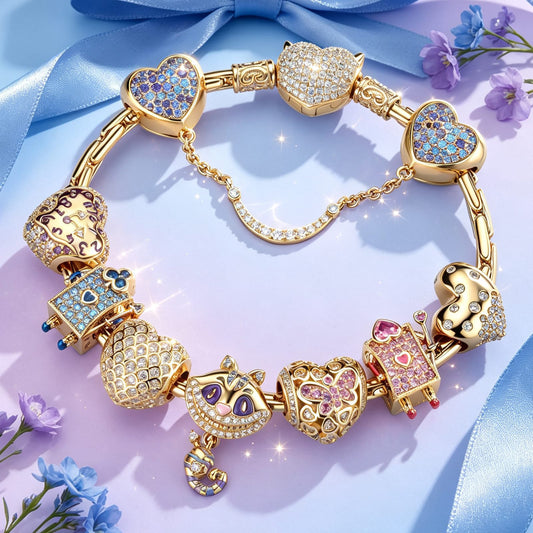 gona- Sterling Silver Cheshire Cat Wonderland Charm Bracelet Set In 14K Gold Plated (Includes bracelet and all charms shown)