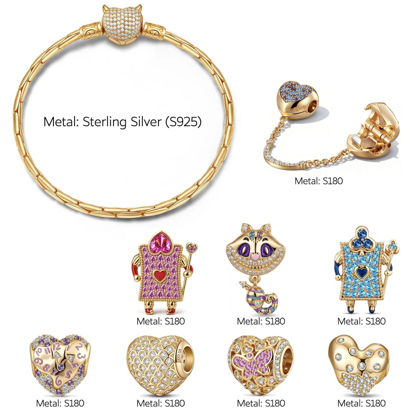 Sterling Silver Cheshire Cat Wonderland Charm Bracelet Set In 14K Gold Plated (Includes bracelet and all charms shown)