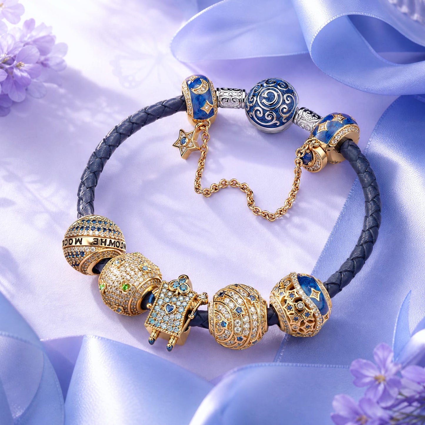 Sterling Silver Lunar Leather Dreamscape Charms Bracelet Set In 14K Gold Plated (Includes bracelet and all charms shown)