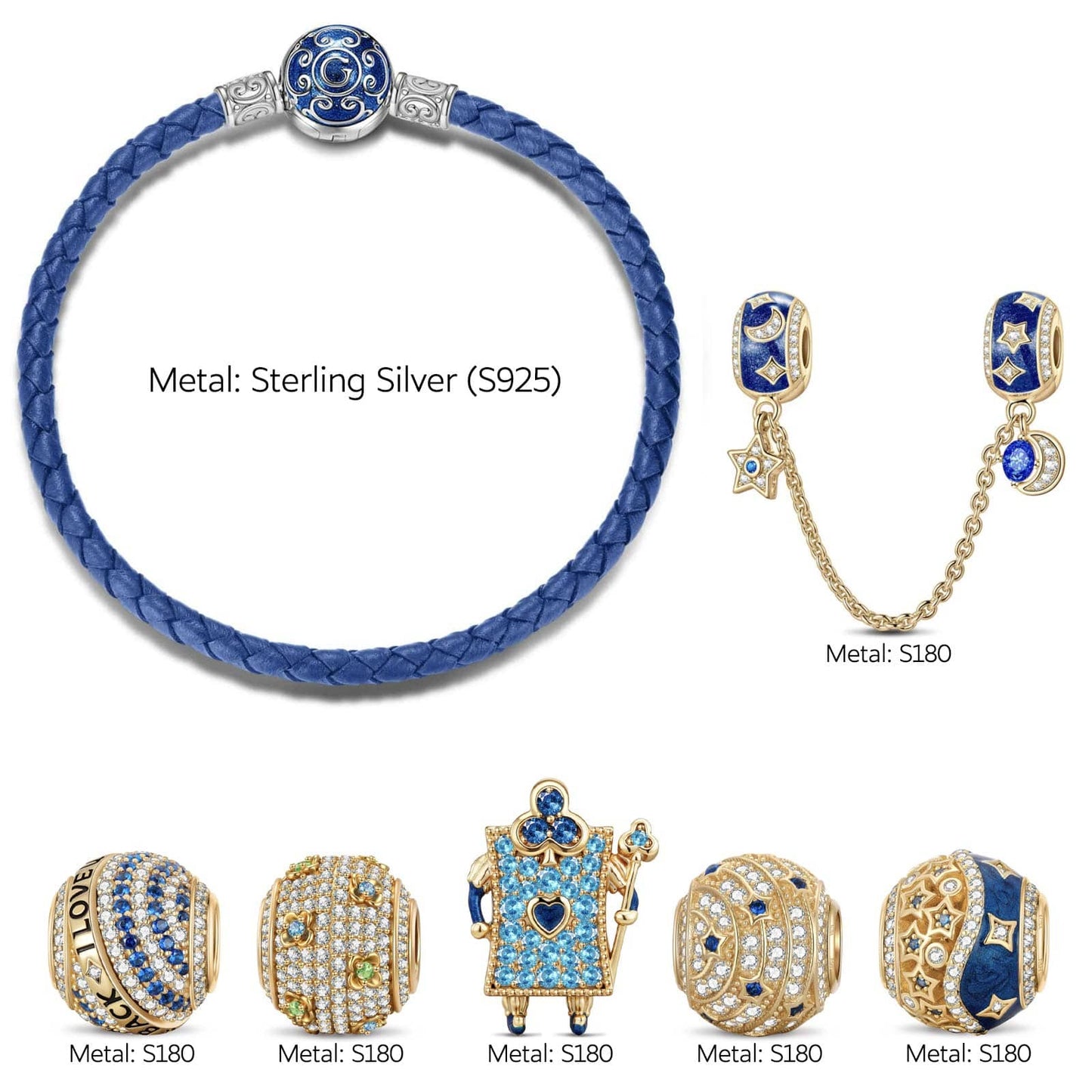 Sterling Silver Lunar Leather Dreamscape Charms Bracelet Set In 14K Gold Plated (Includes bracelet and all charms shown)