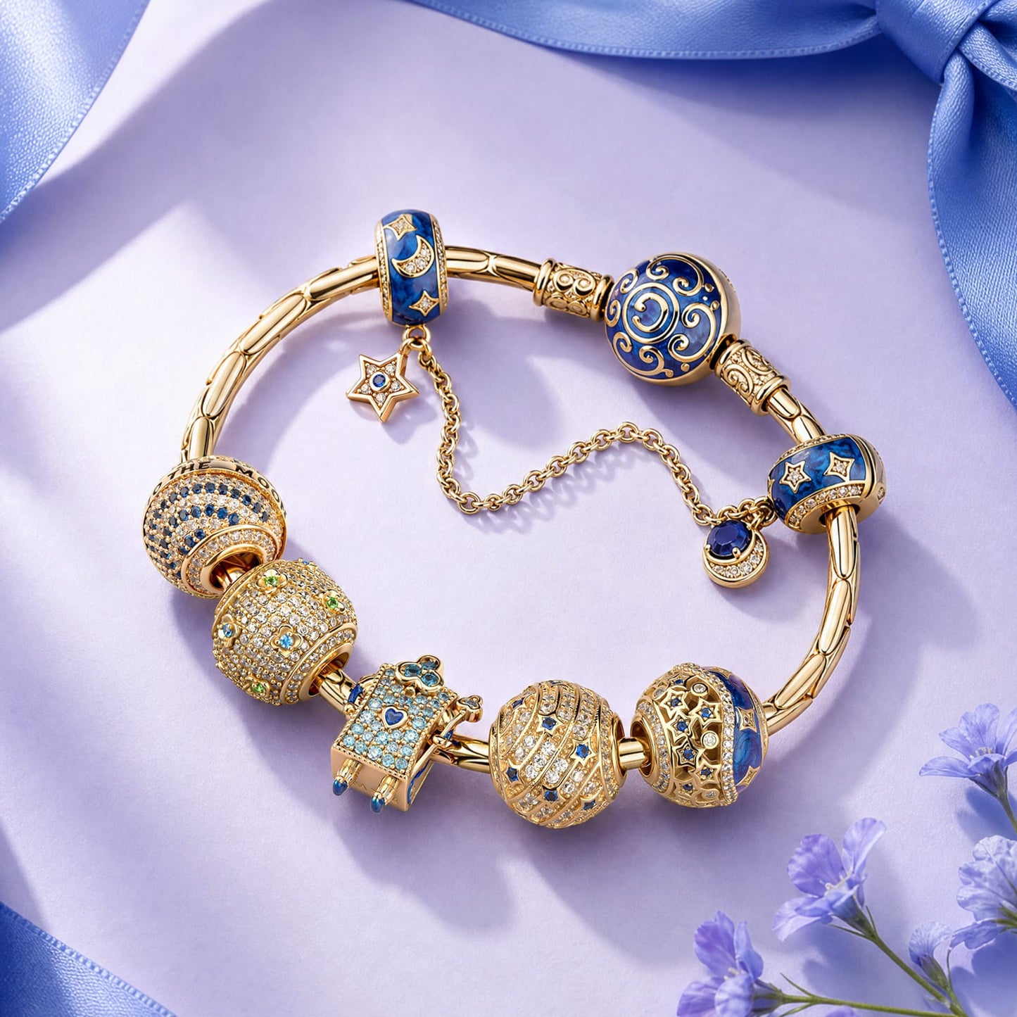 Sterling Silver Starry Night Wonderland Tale Charms Bracelet Set In 14K Gold Plated (Includes bracelet and all charms shown)