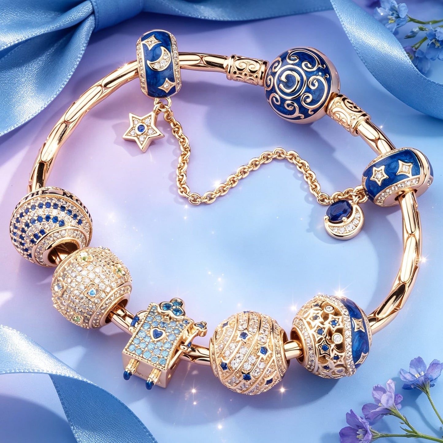 Sterling Silver Starry Night Wonderland Tale Charms Bracelet Set In 14K Gold Plated (Includes bracelet and all charms shown)