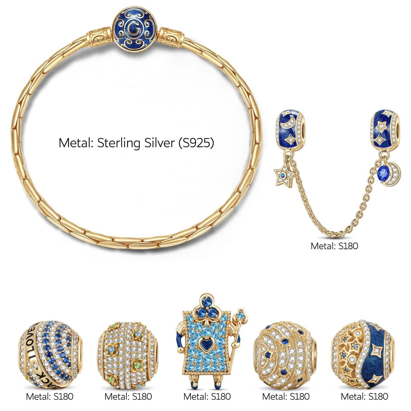 Sterling Silver Starry Night Wonderland Tale Charms Bracelet Set In 14K Gold Plated (Includes bracelet and all charms shown)