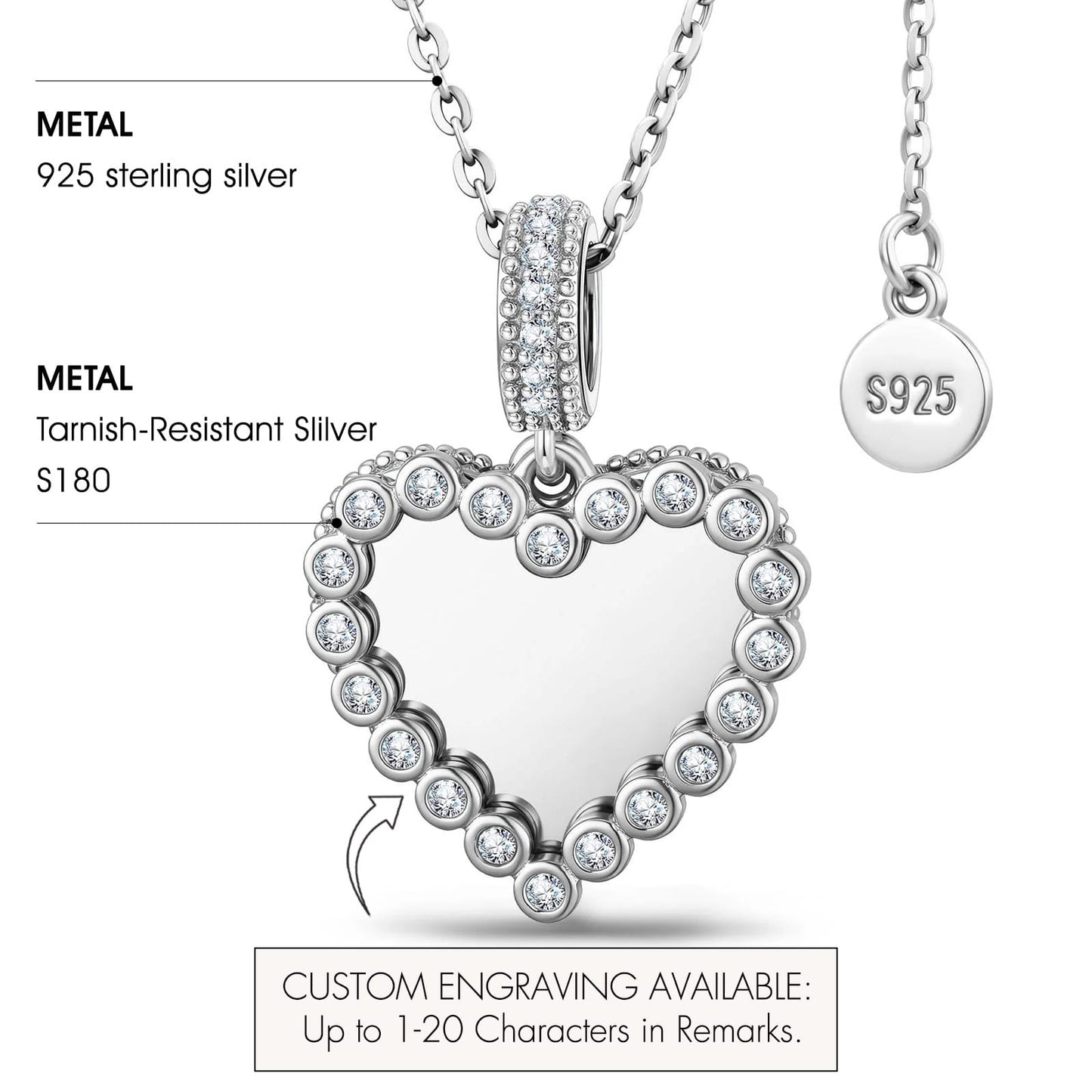 Personalized Engravable Sterling Silver Framed Heart Pendant Necklace In White Gold Plated