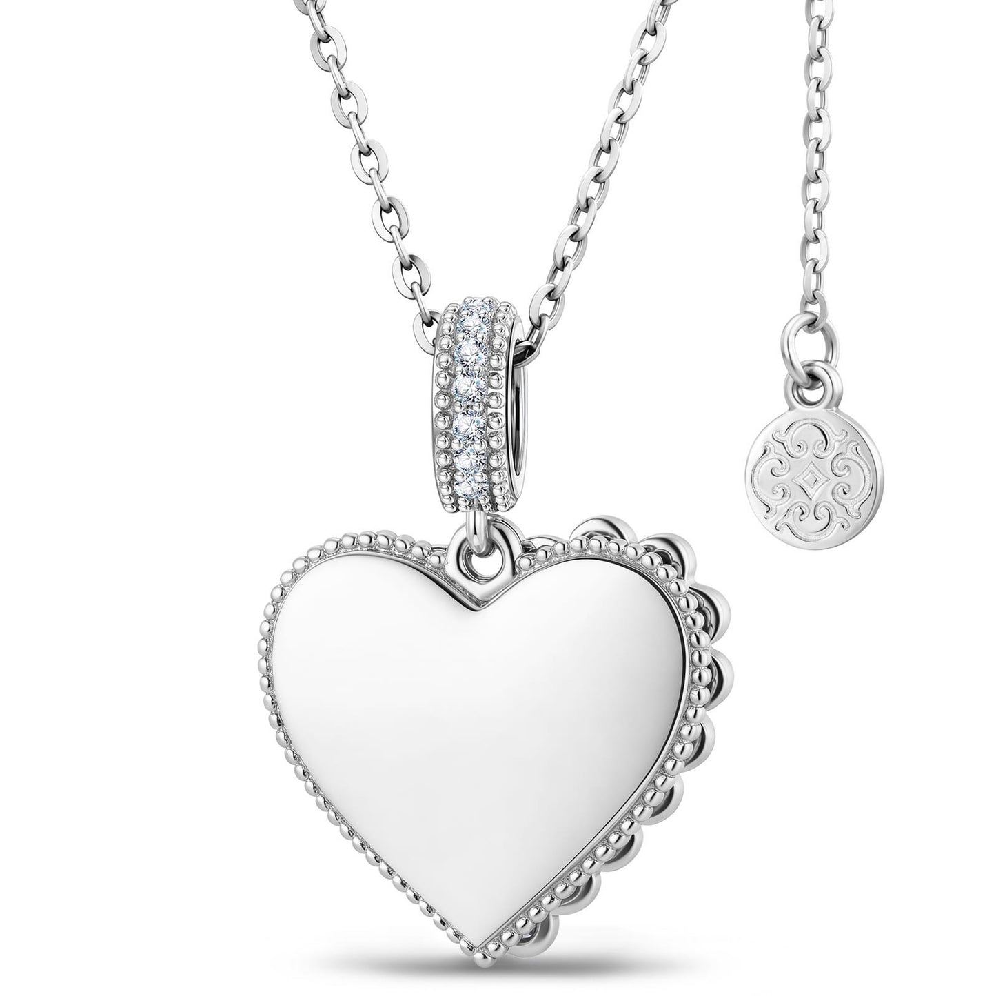 Personalized Engravable Sterling Silver Framed Heart Pendant Necklace In White Gold Plated