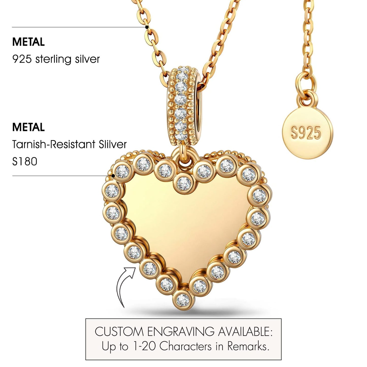 Personalized Engravable Sterling Silver Framed Heart Pendant Necklace In 14K Gold Plated