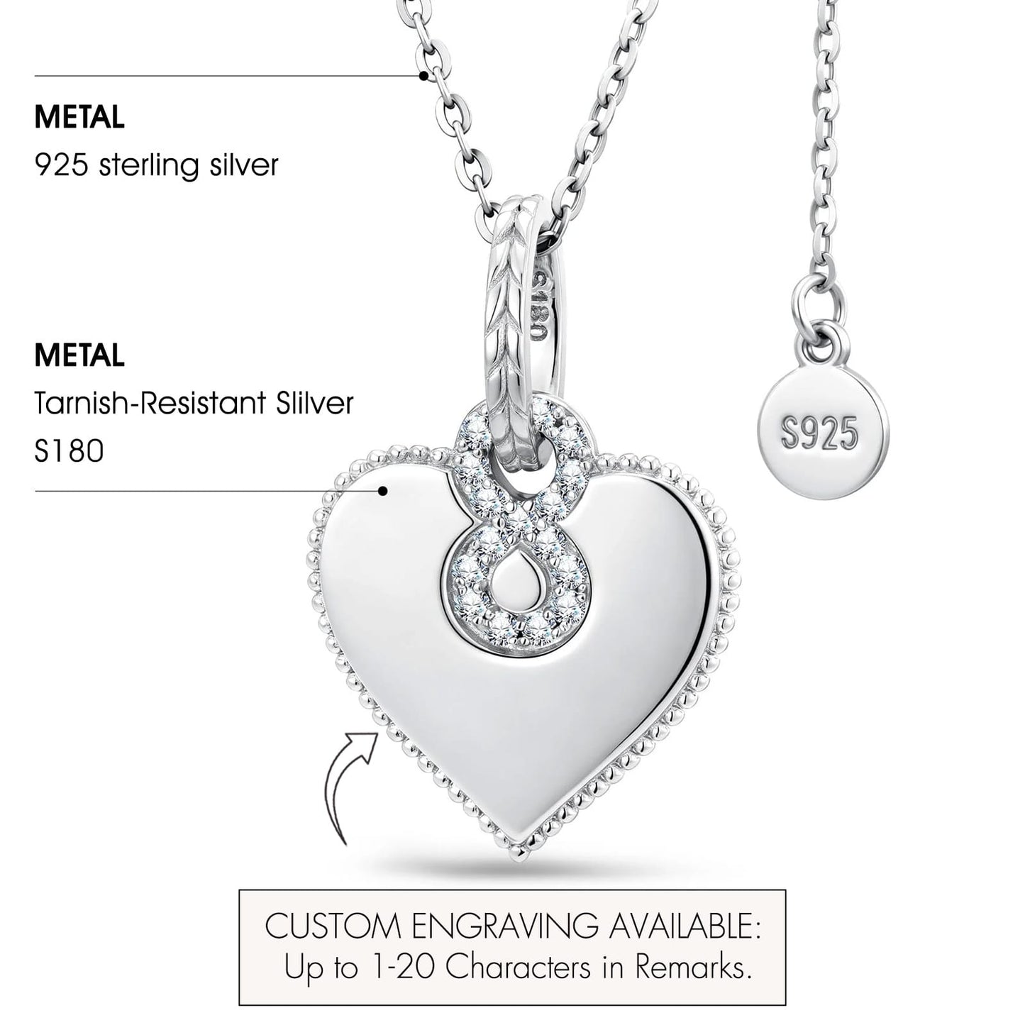 Personalized Engravable Sterling Silver Infinity Symbol Heart Necklace In White Gold Plated, "Forever Love" Sentimental Gift for Her