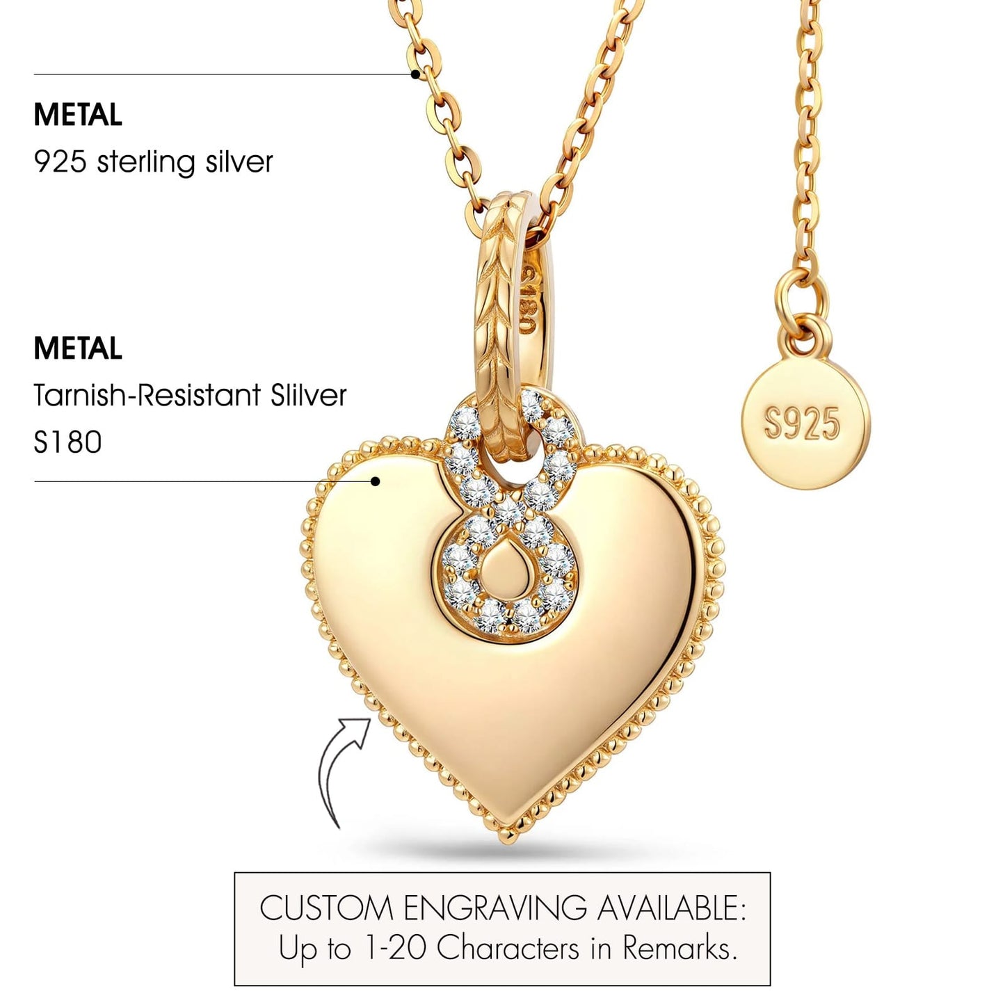 Personalized Engravable Sterling Silver Infinity Symbol Heart Necklace In 14K Gold Plated, "Forever Love" Sentimental Gift for Her