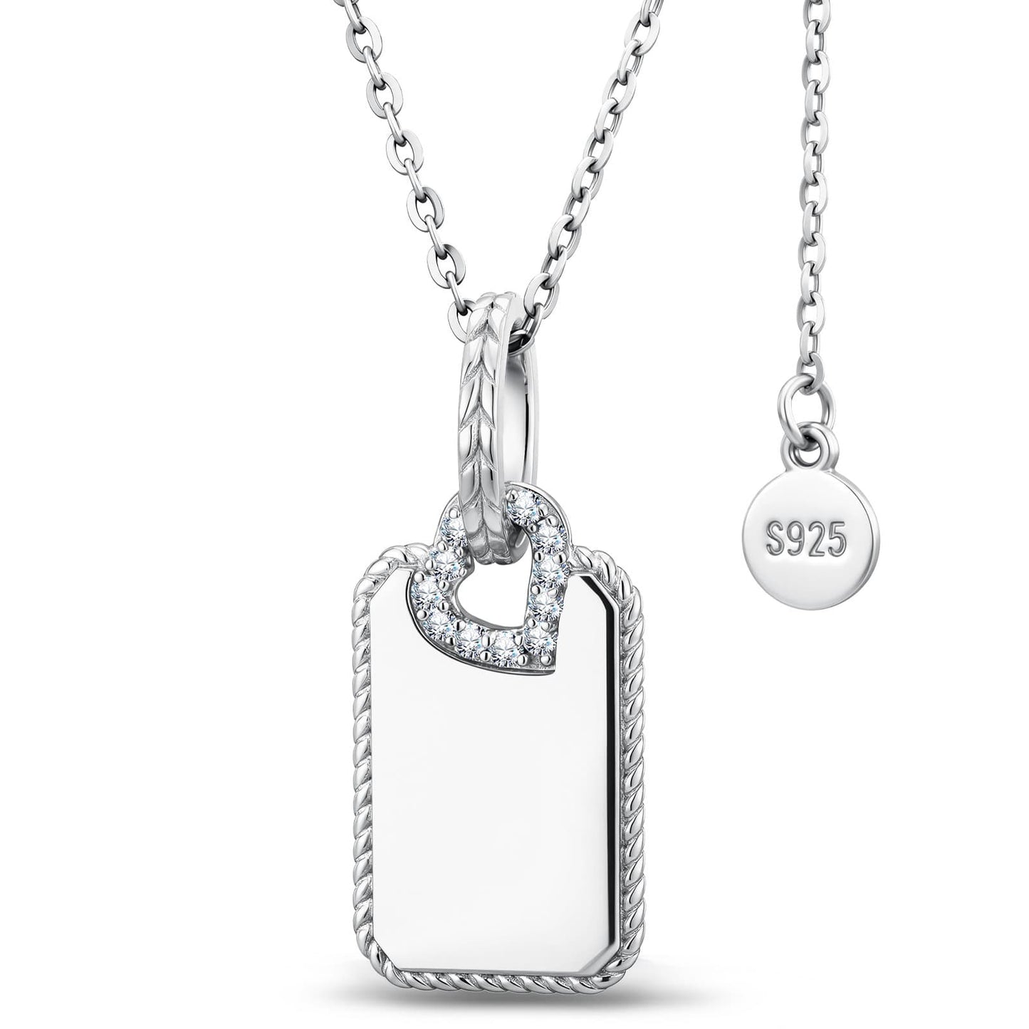 Personalized Engravable Sterling Silver Rectangle Necklace In White Gold Plated With Twisted Rope Border