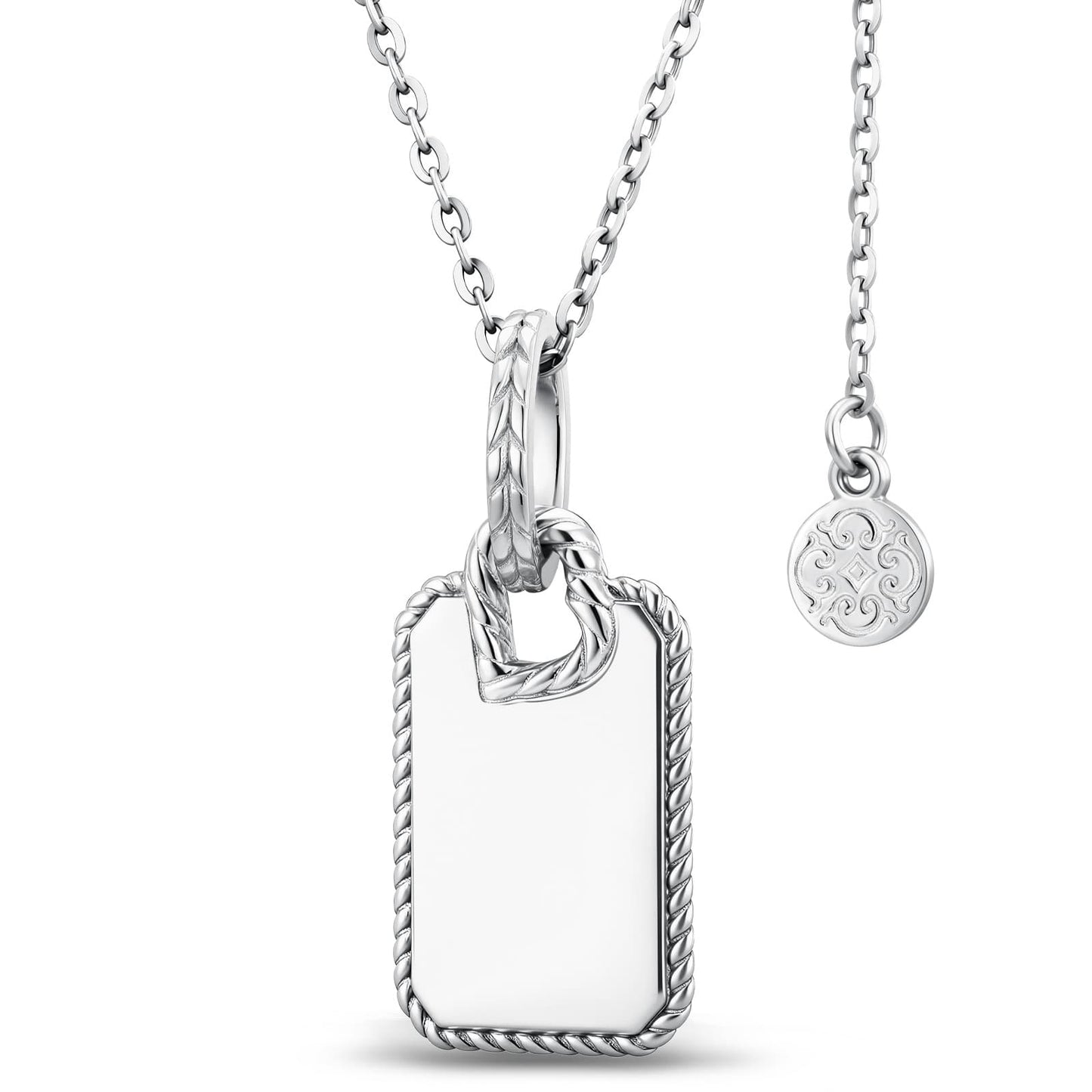 Personalized Engravable Sterling Silver Rectangle Necklace In White Gold Plated With Twisted Rope Border