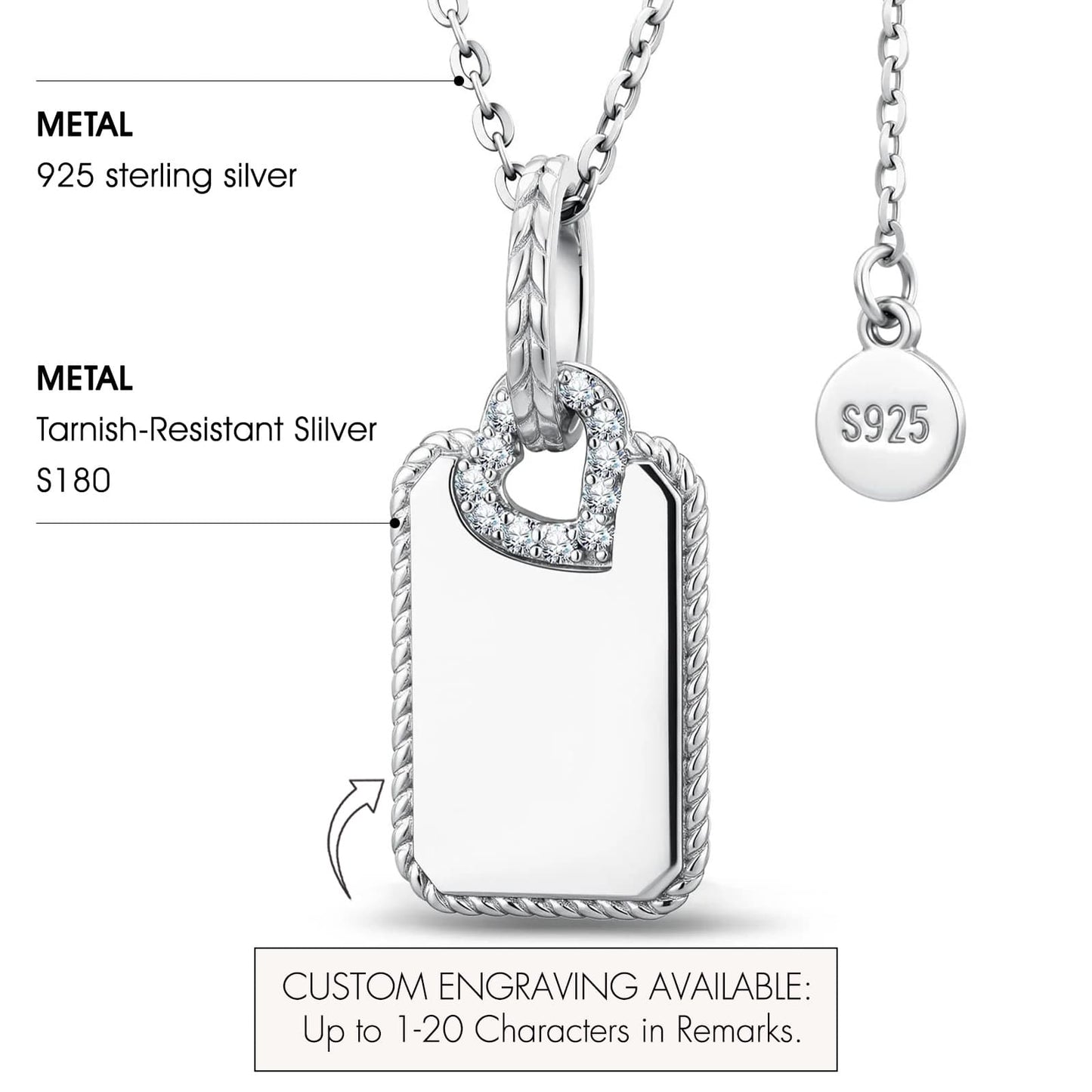 Personalized Engravable Sterling Silver Rectangle Necklace In White Gold Plated With Twisted Rope Border