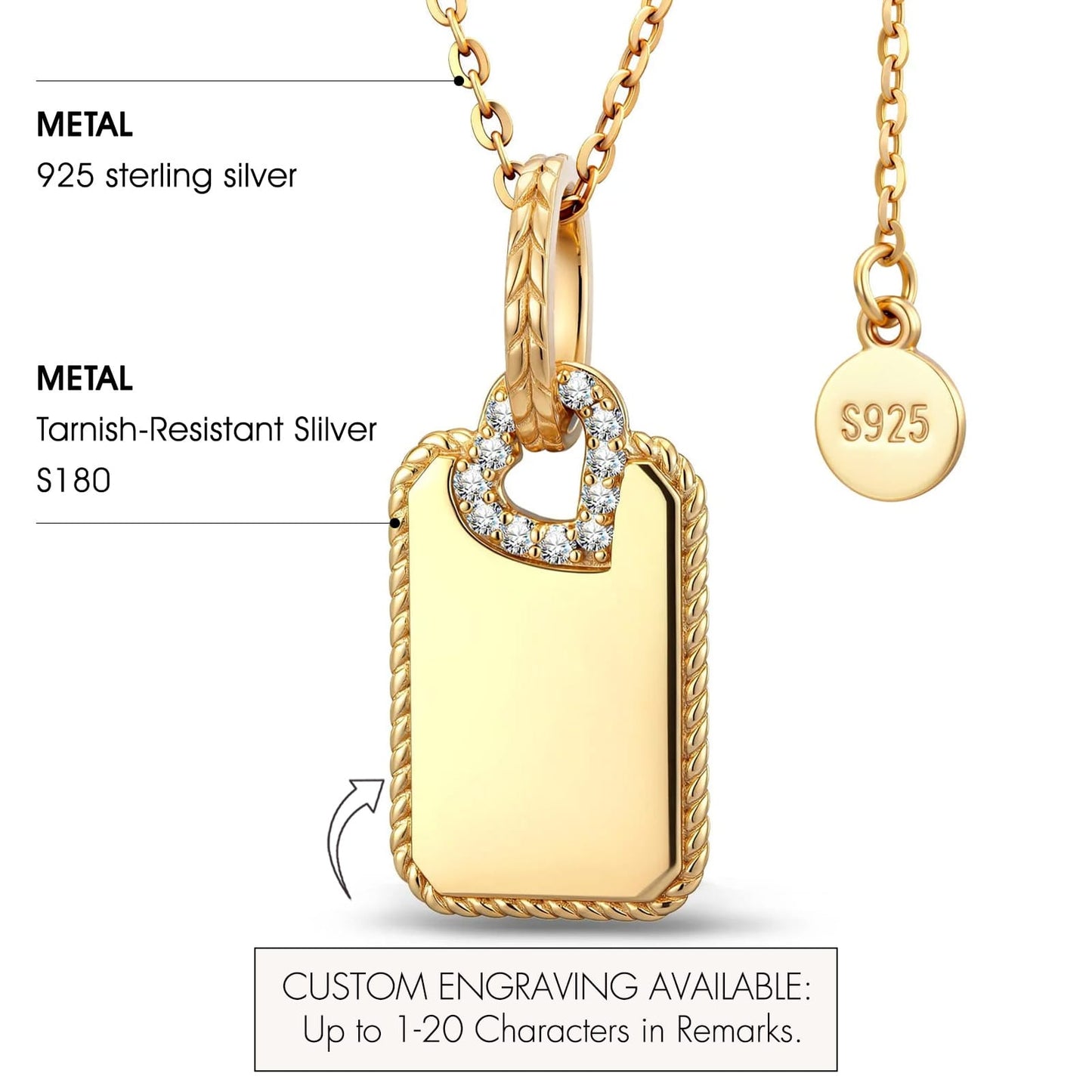 Personalized Engravable Sterling Silver Rectangle Necklace In 14K Gold Plated With Twisted Rope Border