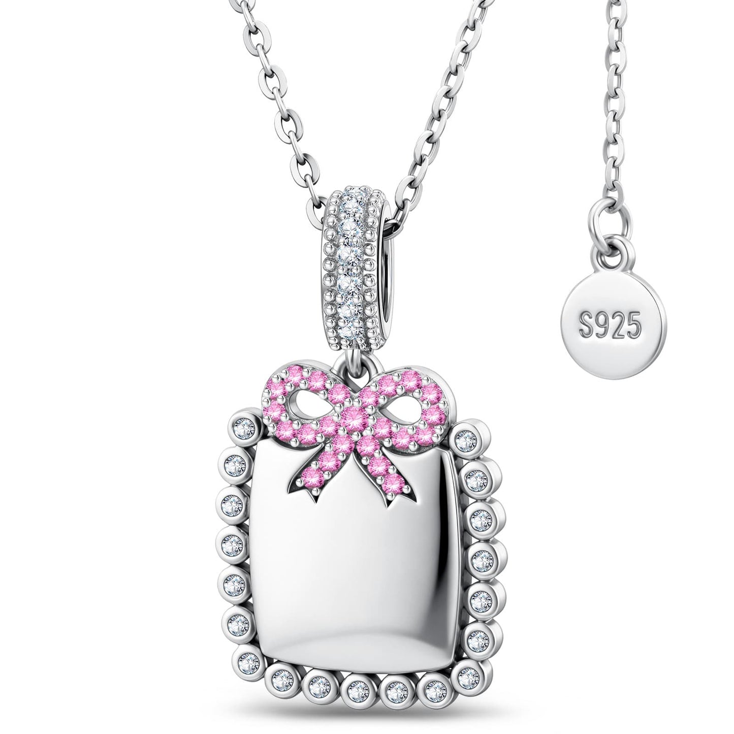 Personalized Engravable Sterling Silver Bow Necklace In White Gold Plated
