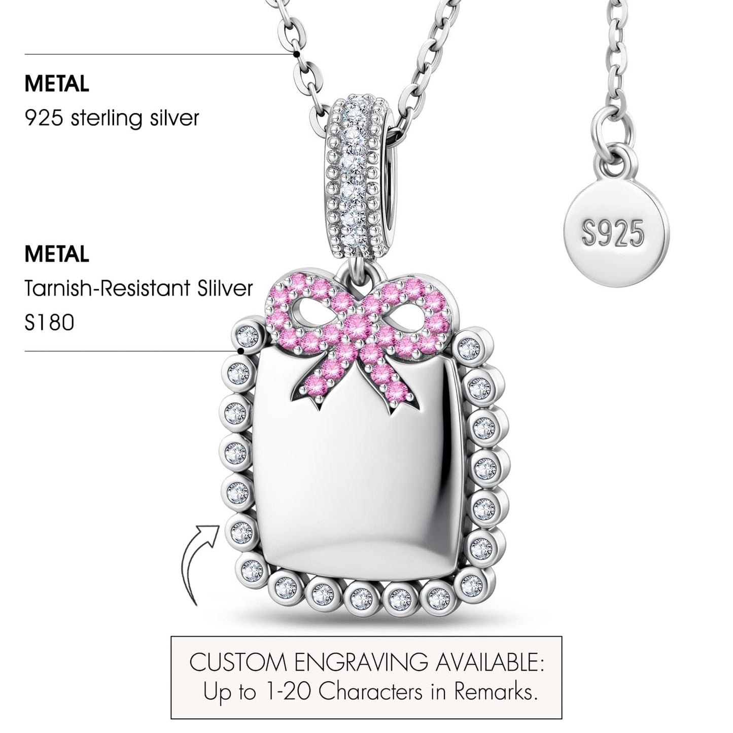 Personalized Engravable Sterling Silver Bow Necklace In White Gold Plated