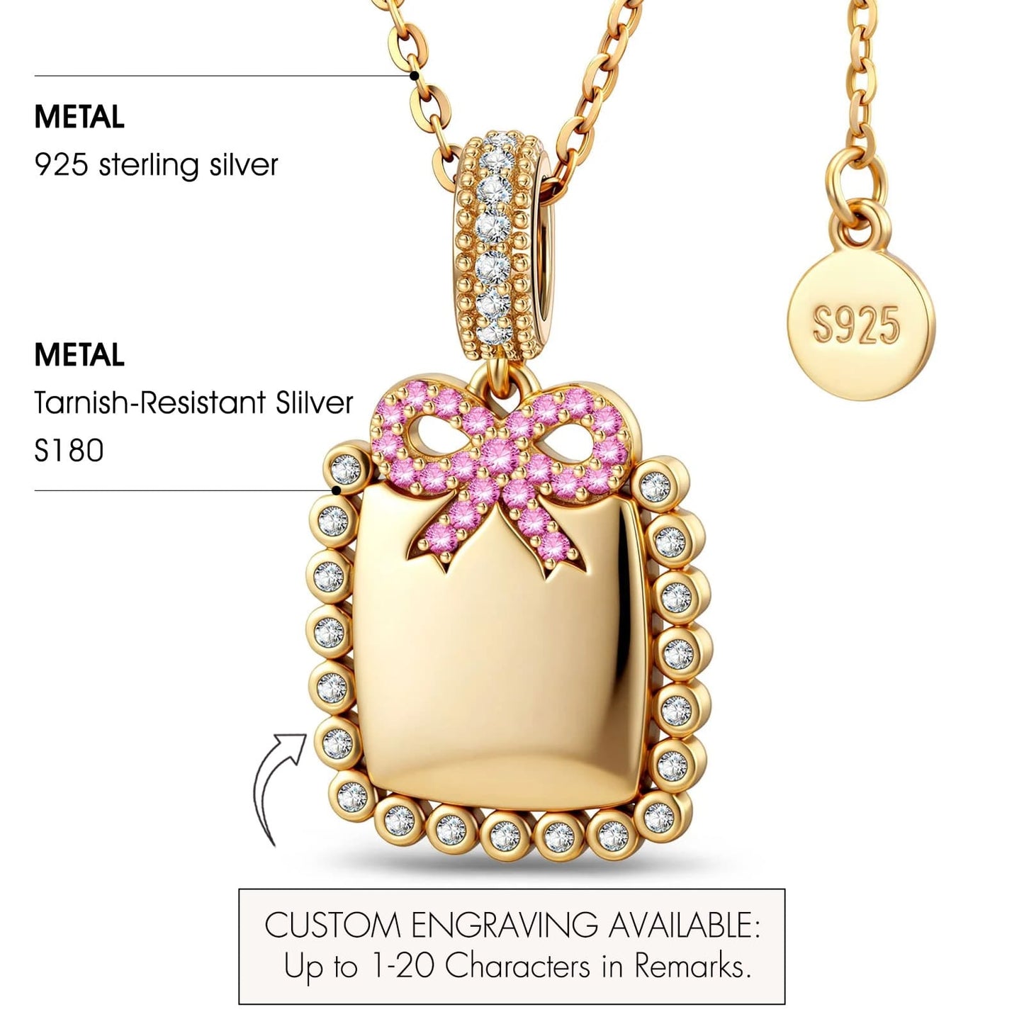 Personalized Engravable Sterling Silver Bow Necklace In 14K Gold Plated