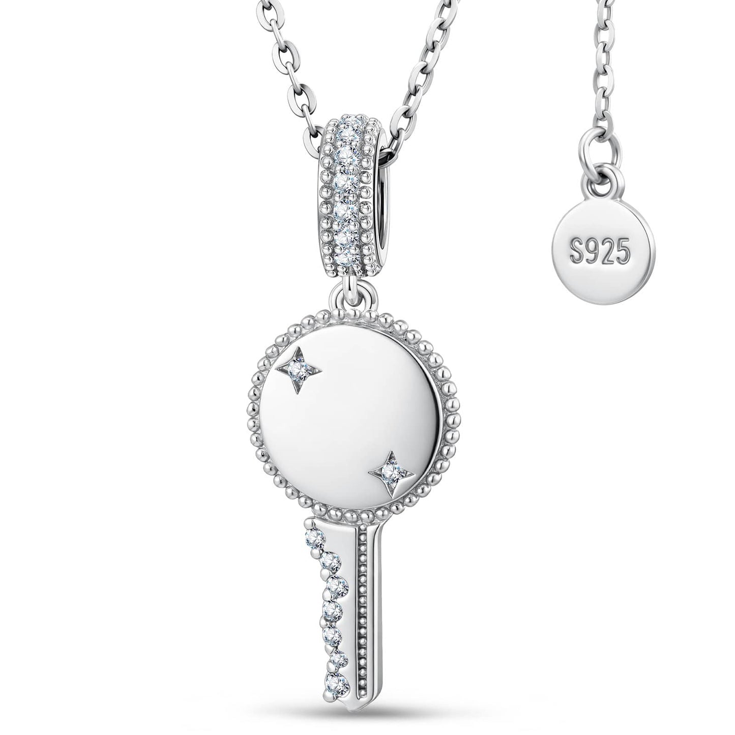 Personalized Engravable Sterling Silver Key Necklace In White Gold Plated, Customizable Gift for Her