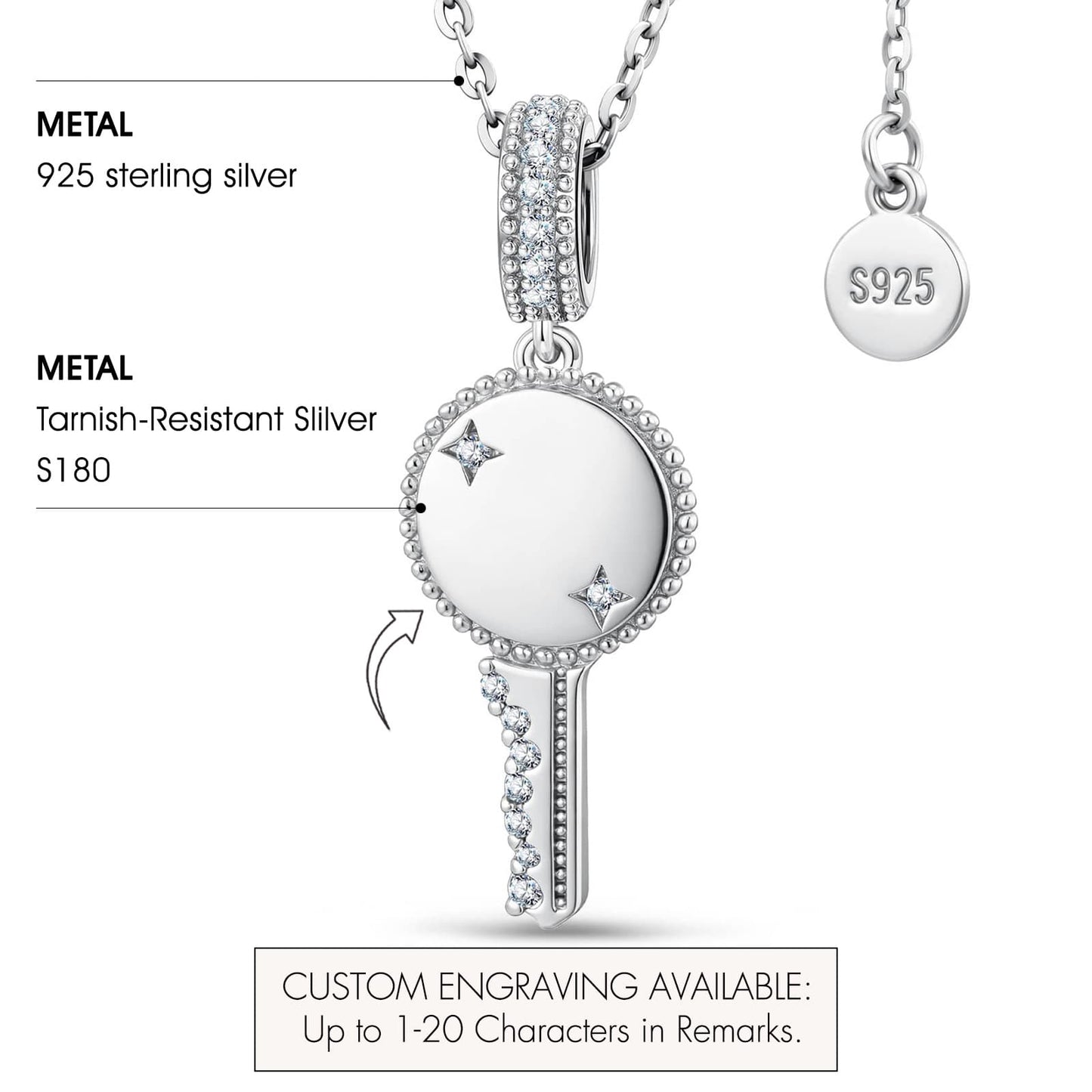 Personalized Engravable Sterling Silver Key Necklace In White Gold Plated, Customizable Gift for Her