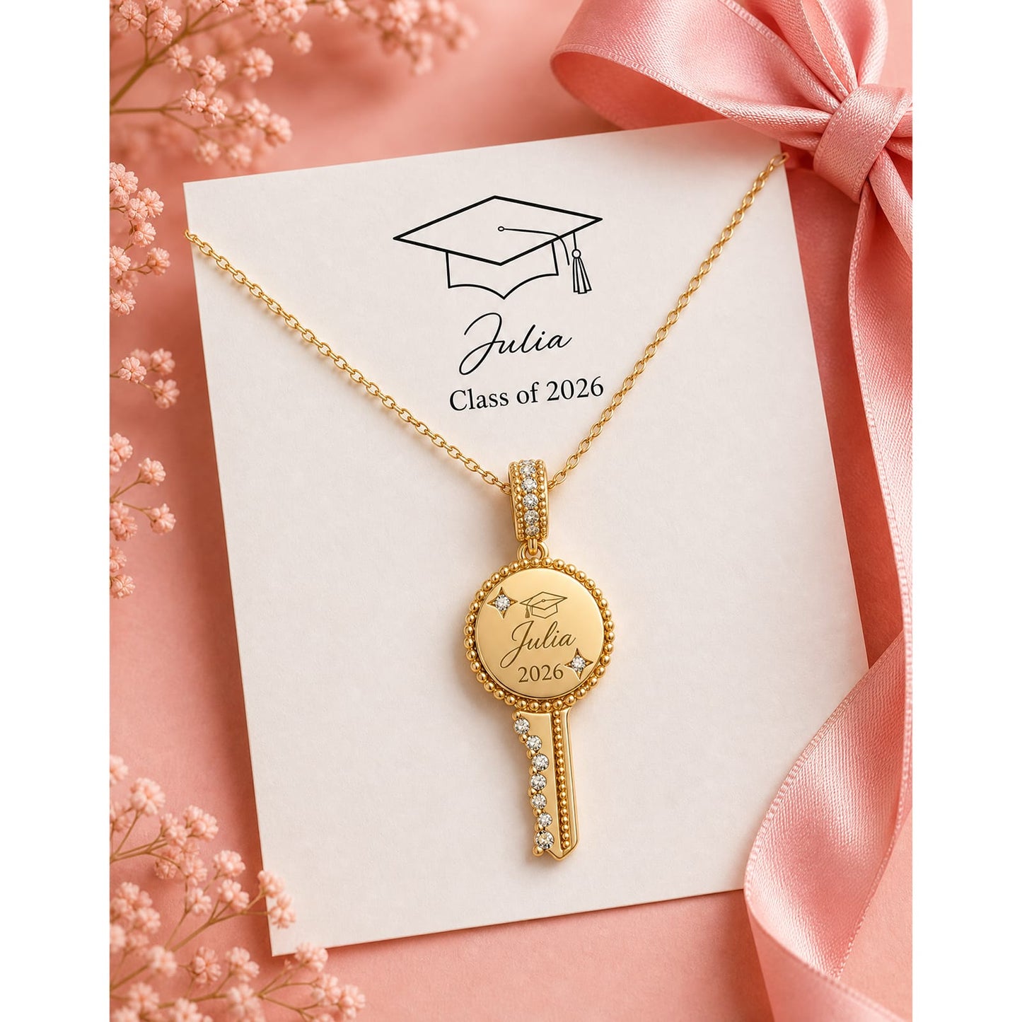 Personalized Engravable Sterling Silver Key Necklace In 14K Gold Plated, Customizable Gift for Her
