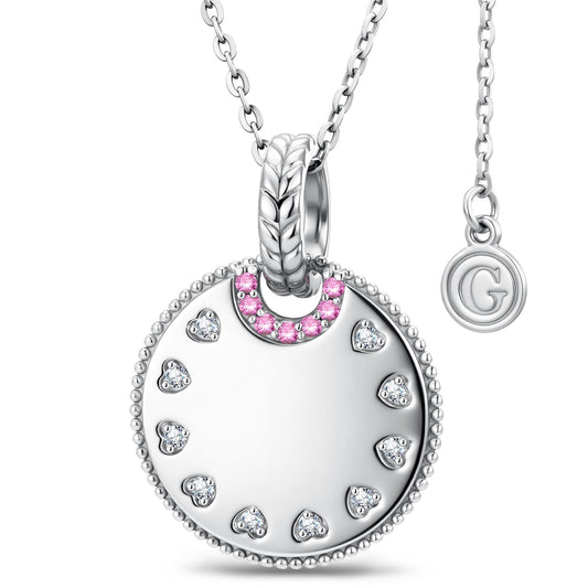 gona- Personalized Engravable Sterling Silver Pink Halo Heart Medallion Necklace In White Gold Plated, Customizable Gift for Her
